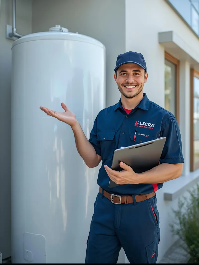 A professional LPG technician in a clean branded blue uniform stands with a digital tablet and a clipboard next to a white outdoor gas storage tank. The technician is smiling and gesturing toward the tank, ready (2)