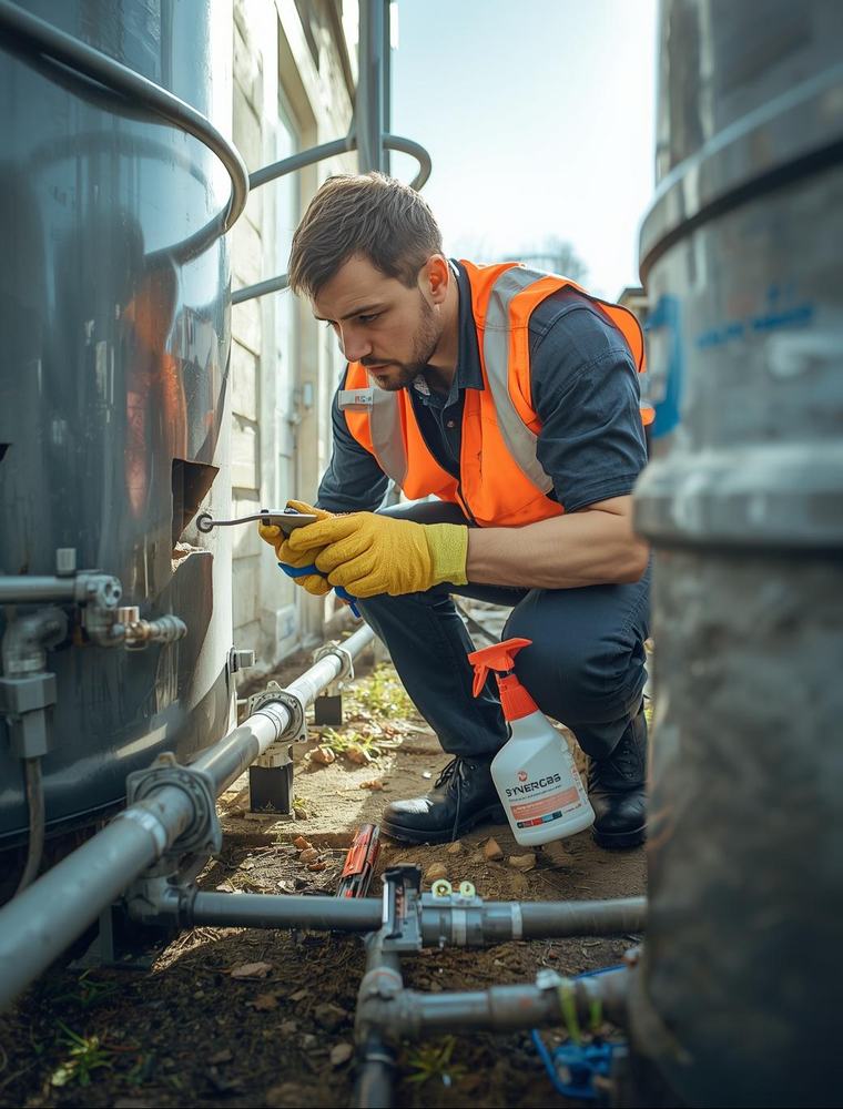 A skilled gas maintenance technician in safety gloves and a bright vest quickly responds to an emergency call beside an outdoor LPG tank. The technician holds a wrench and a leak detector spray while examining pipes