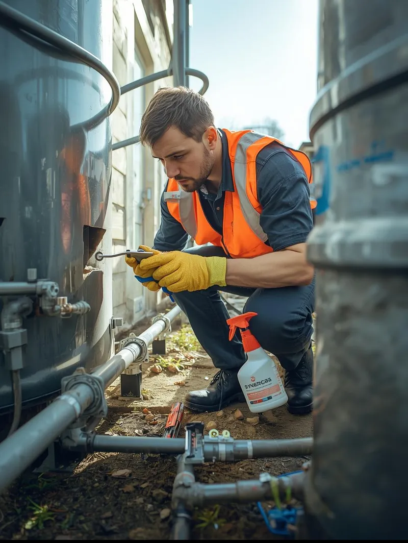 A skilled gas maintenance technician in safety gloves and a bright vest quickly responds to an emergency call beside an outdoor LPG tank. The technician holds a wrench and a leak detector spray while examining pipes