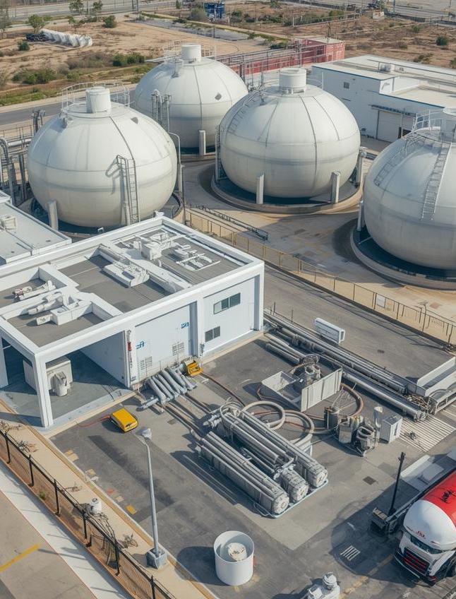 Aerial view of a modern LPG distribution plant with storage bullets, cylinder filling building, and red_blue branded tankers, Cyprus setting, wide, no text
