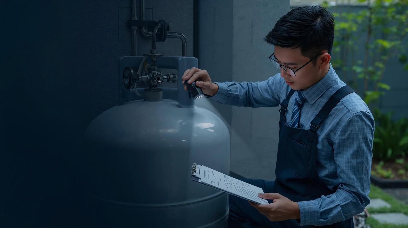 An engineer carefully inspects an LPG regulator and safety valve system mounted on a clean outdoor tank. He uses a small flashlight and check sheet. Focus on safe hands and equipment details. Modern home garden in b