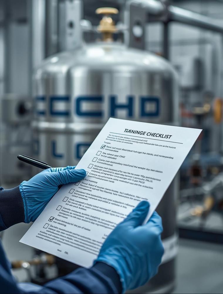 Close-up of a technician’s hands in gloves holding a detailed maintenance checklist and pen in front of an LPG tank installation. The checklist is being checked off, symbolizing thorough and methodical service. Clea