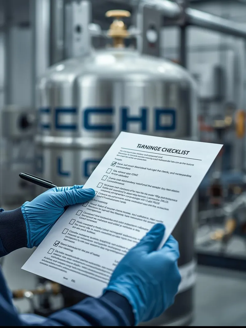 Close-up of a technician’s hands in gloves holding a detailed maintenance checklist and pen in front of an LPG tank installation. The checklist is being checked off, symbolizing thorough and methodical service. Clea