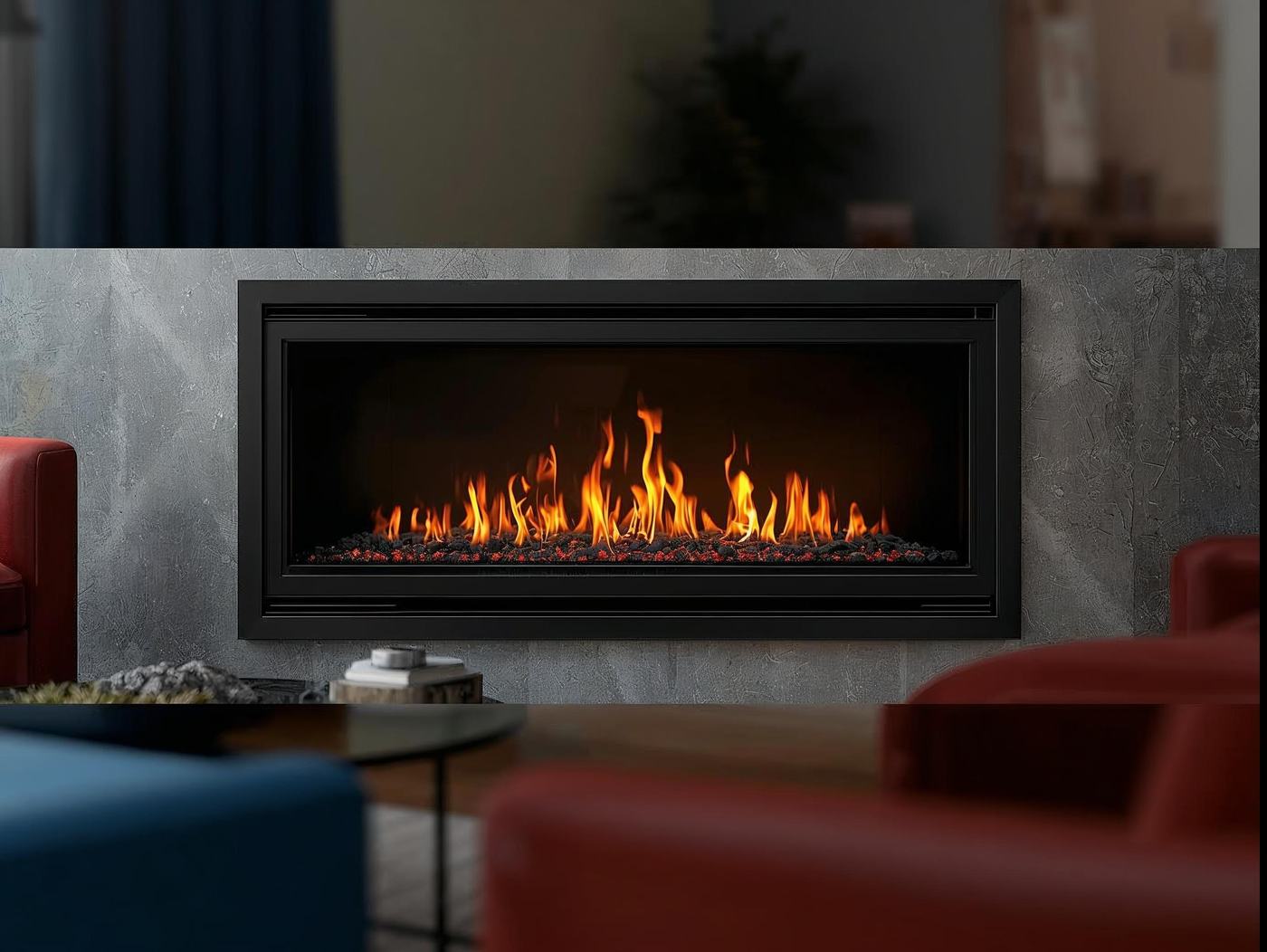 Modern gas fireplace insert with clean flames in a cozy living room, subtle red_deep blue accents, no text, wide banner