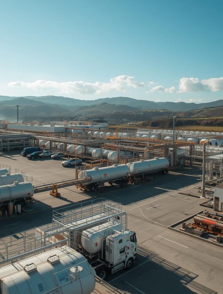 Outdoor terminal yard with LPG storage tanks and truck bays, coastal hills in background, wide shot.