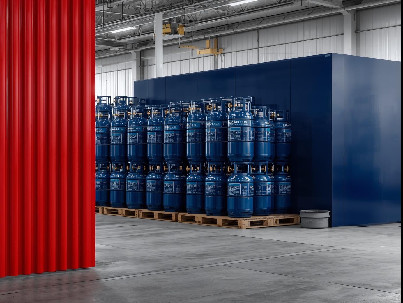 Palletized LPG cylinders in warehouse_loading bay, industrial modern look, red_deep blue accents, no text, banner.