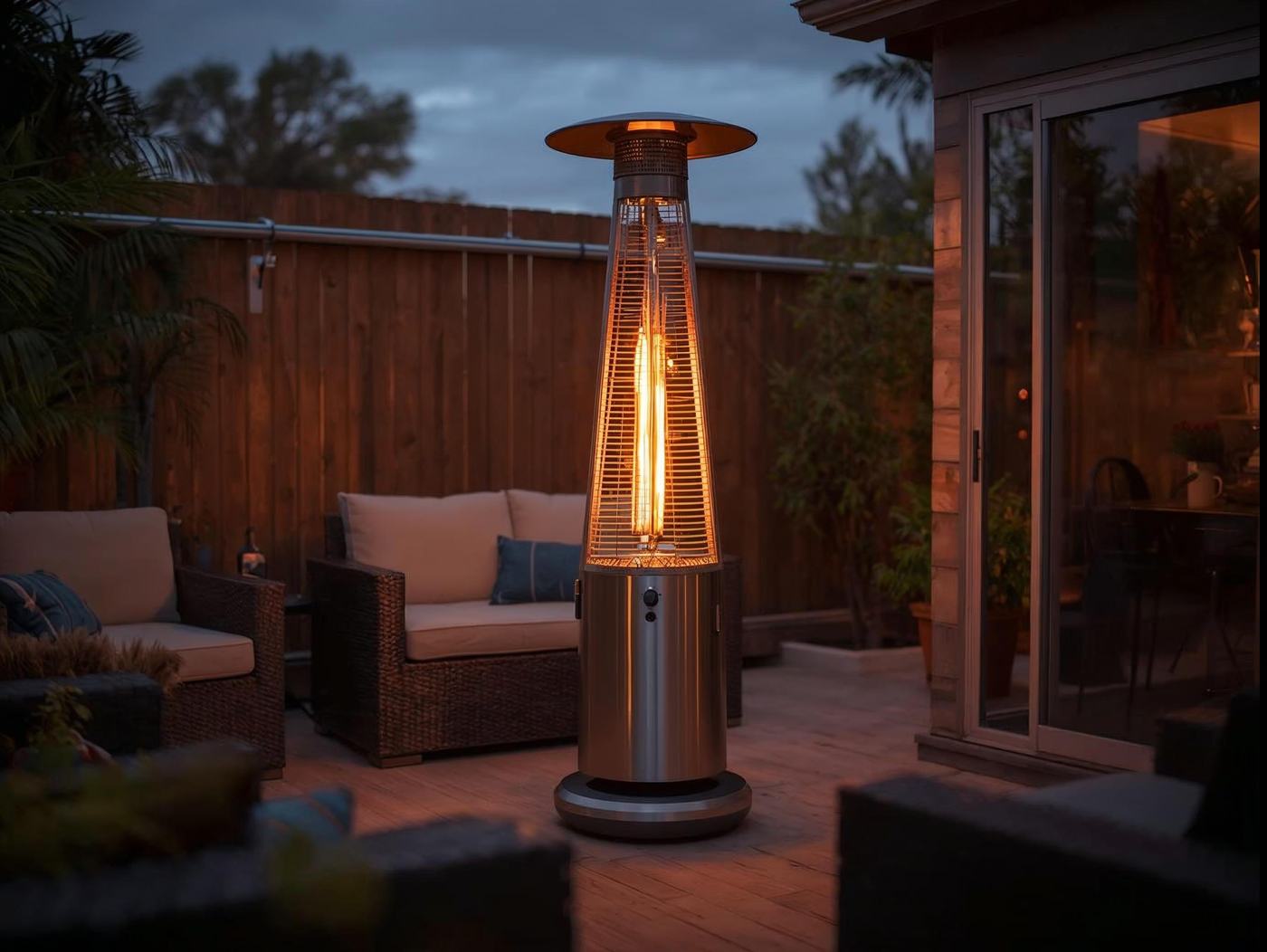 Patio with gas heater lit on