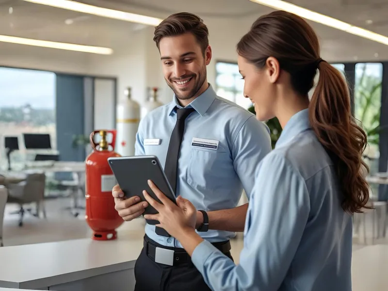 Photo realistic, Support staff or a technician assisting a customer with tablet. LPG Gas. (1)