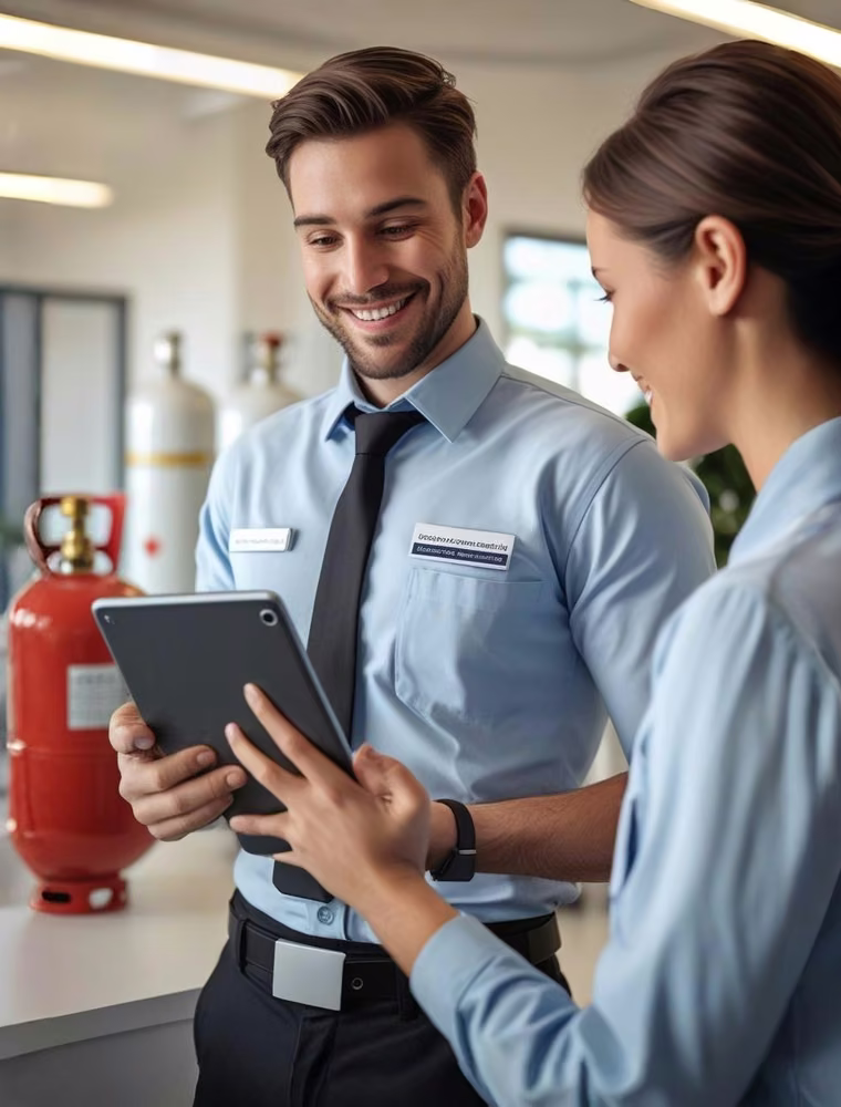 Photo realistic, Support staff or a technician assisting a customer with tablet. LPG Gas. (1)