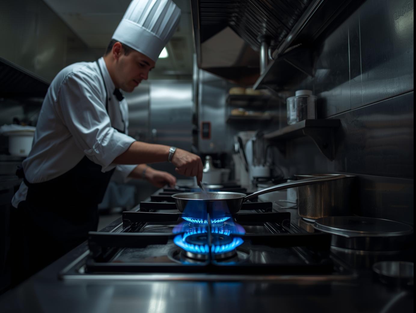 Professional chef in a busy stainless steel commercial kitchen using a gas hob with a strong blue LPG flame under a pan. Clear, modern, no text, wide aspect ratio
