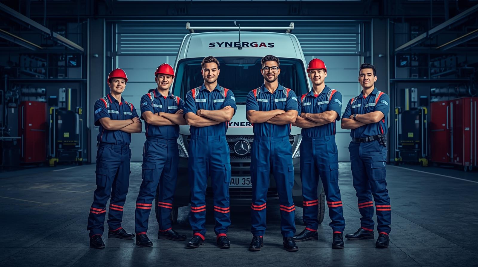 A group of four Synergas maintenance technicians standing in front of a branded service van, all wearing clean uniforms and safety equipment. They pose confidently with tools and checklists, exuding trust and compet