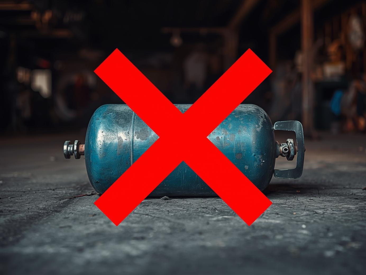 An LPG cylinder lying on its side with a clear red “X” overlay, set against a concrete garage or basement background, indoor clutter, poor safety visual, wide format, no text except the X.