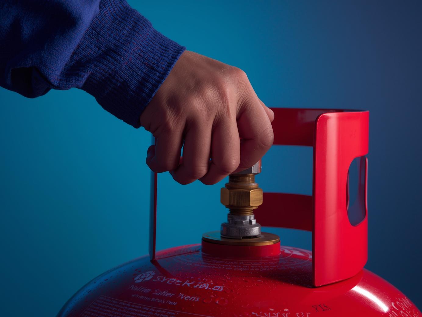 Close-up_ Hand of technician in blue sleeve securely turning the valve on top of an LPG cylinder, focus on safe hand position, bright lighting, blue_red Synergas style