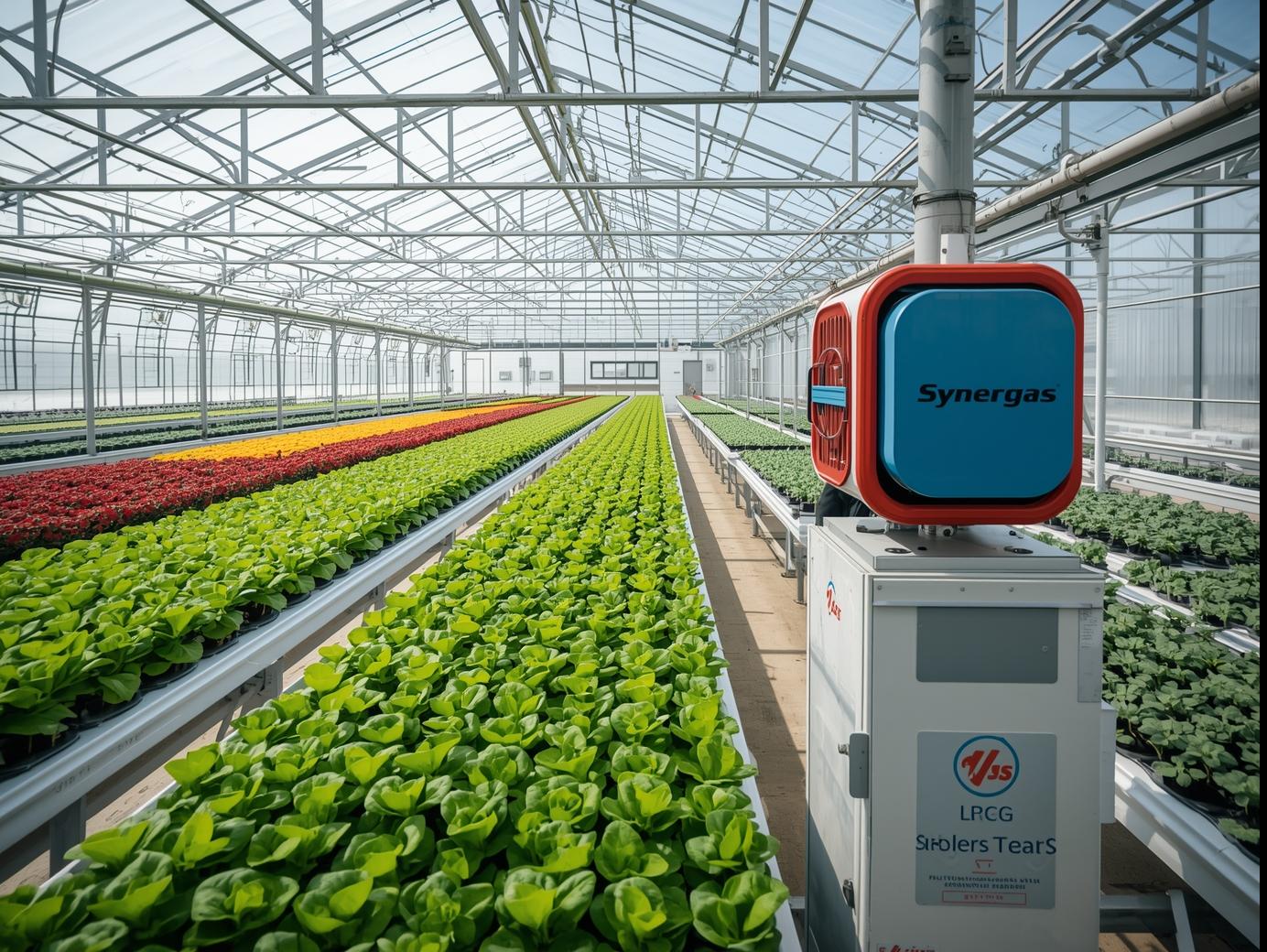 Greenhouse or modern farm with LPG-powered heater or CO₂ generator, bright healthy plants, Synergas blue_red accents, wide view