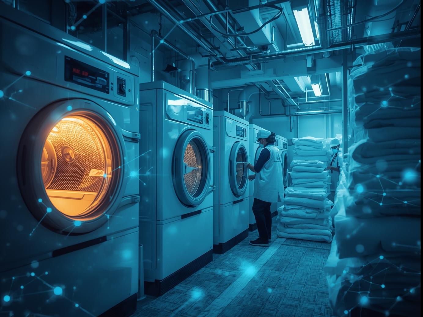 Hotel laundry or boiler room with large LPG-fired commercial boilers running, employee handling white linens, bright, safe, blue overlays.