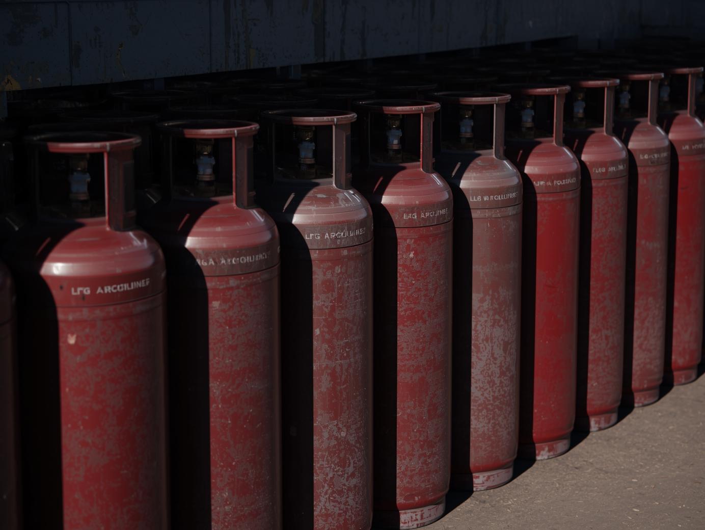 LPG cylinders stored upright, outdoors, shaded red_deep blue no text