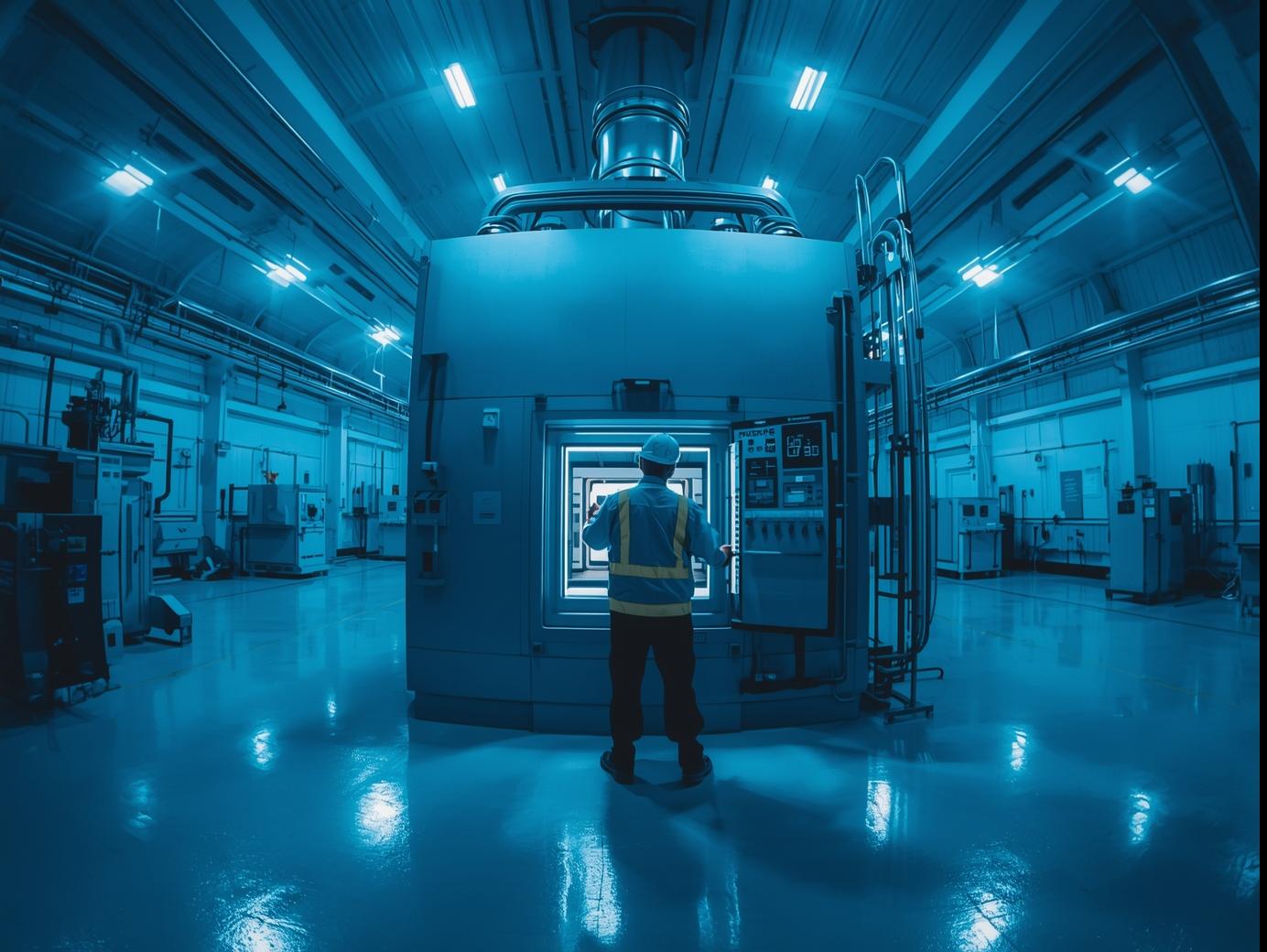 Large, clean factory setting with a technician working at a industrial LPG oven or process heater panel, blue lighting, safety-first, wide