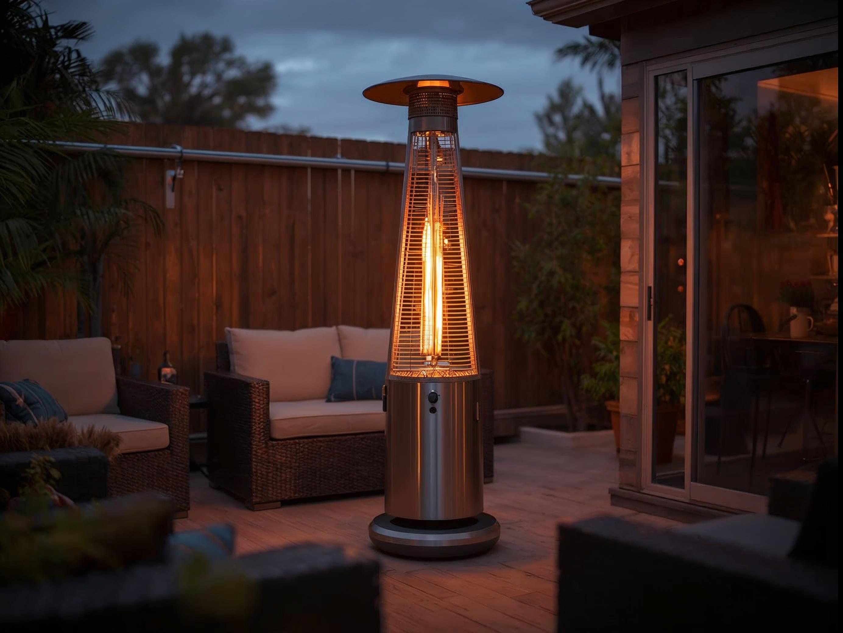 Patio with gas heater lit on