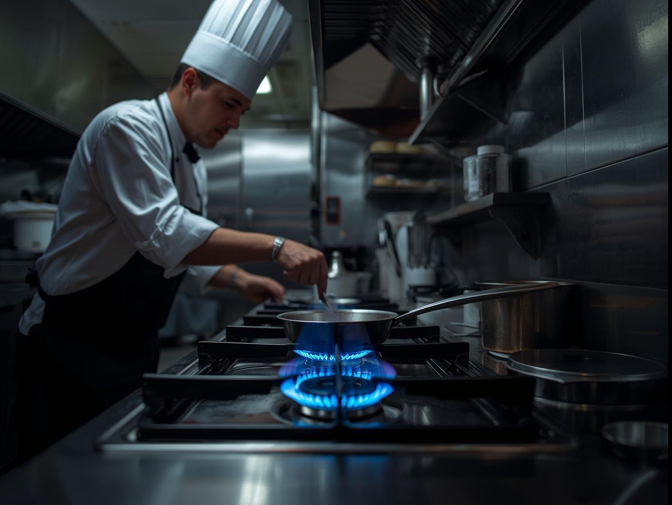 Professional chef in a busy stainless steel commercial kitchen using a gas hob with a strong blue LPG flame under a pan. Clear, modern, no text, wide aspect ratio