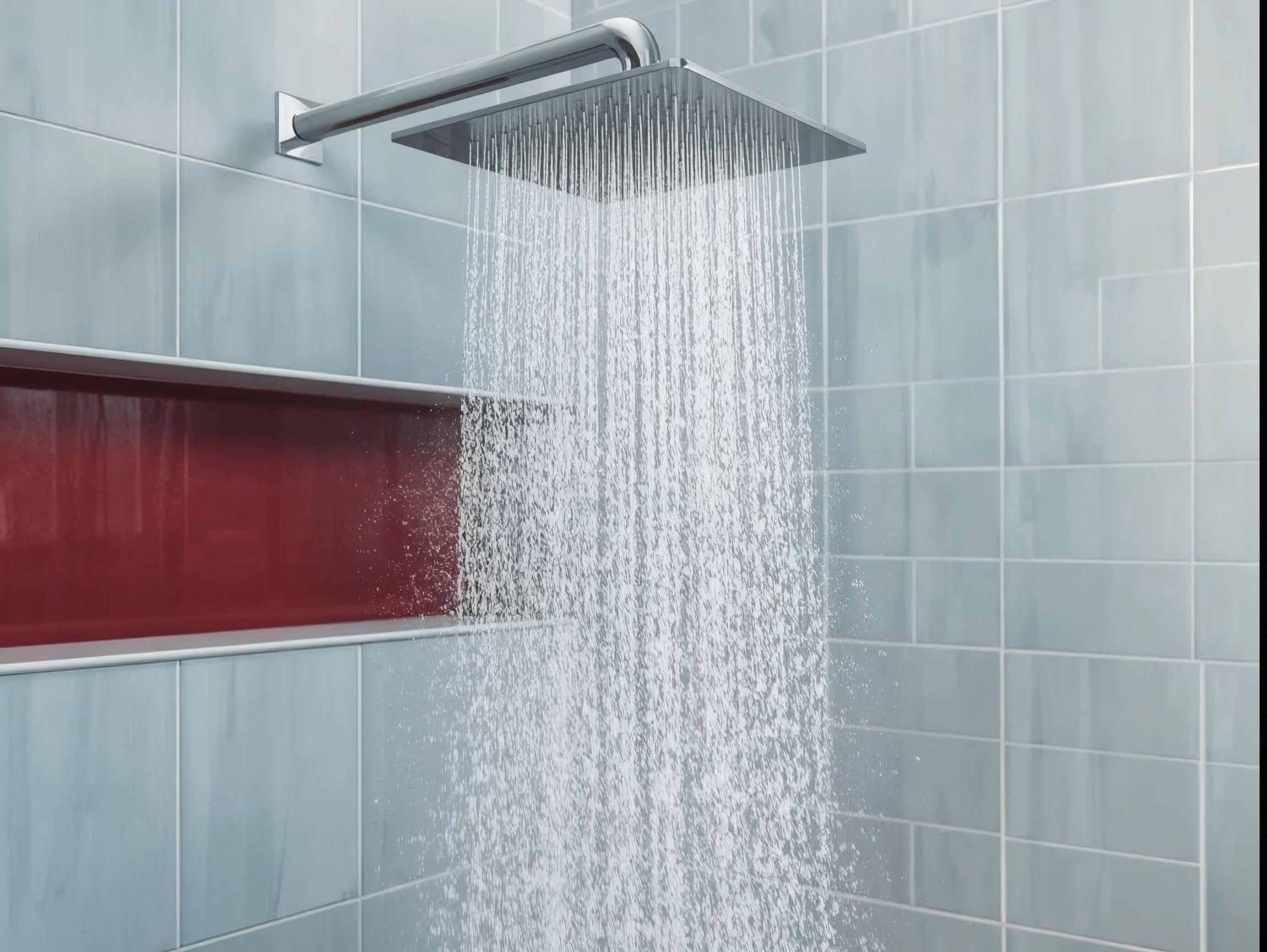 Showerhead with steaming hot water, clean tiled bathroom, red_deep blue accents, no text, wide banner