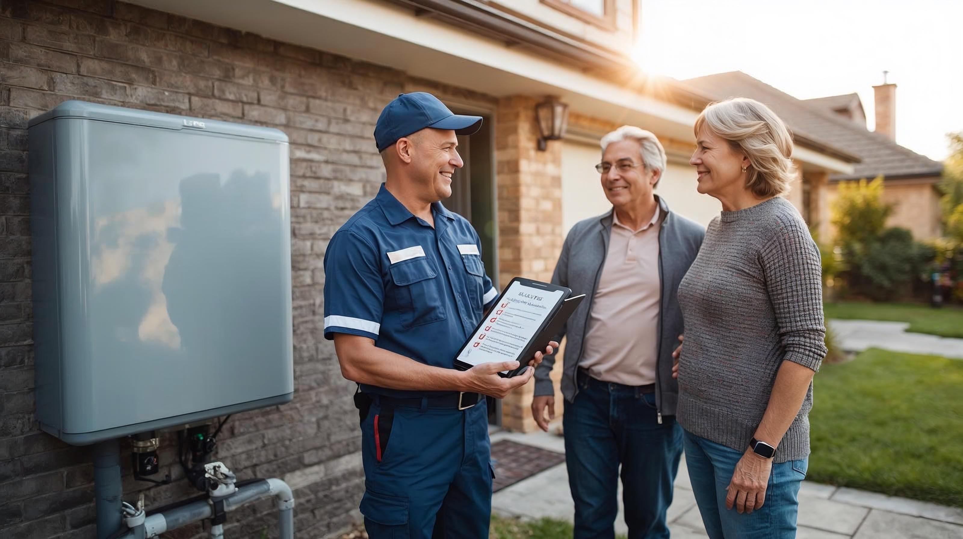 Smiling Synergas LPG technician greeting a middle-aged couple in front of a suburban house, next to a serviced outdoor gas storage tank. Technician offers a digital tablet with maintenance checklist for signatur (1)