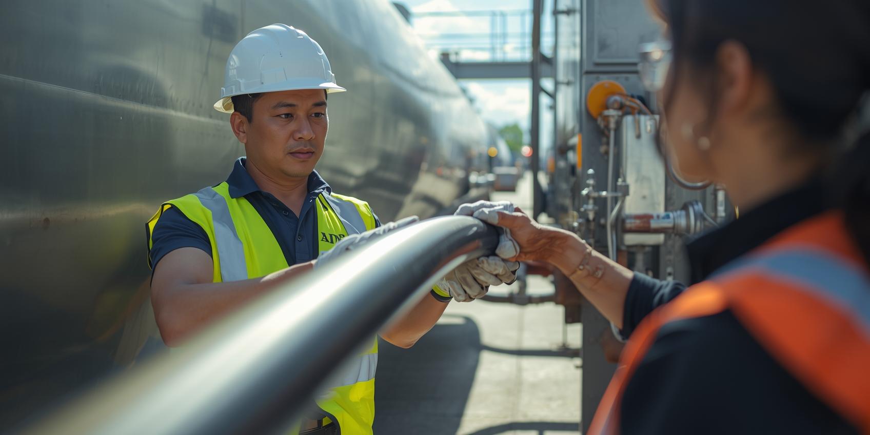Technician connecting a delivery hose to a customer bulk tank, ADR PPE, bright daylight, close‑up, safe and professional, wide crop