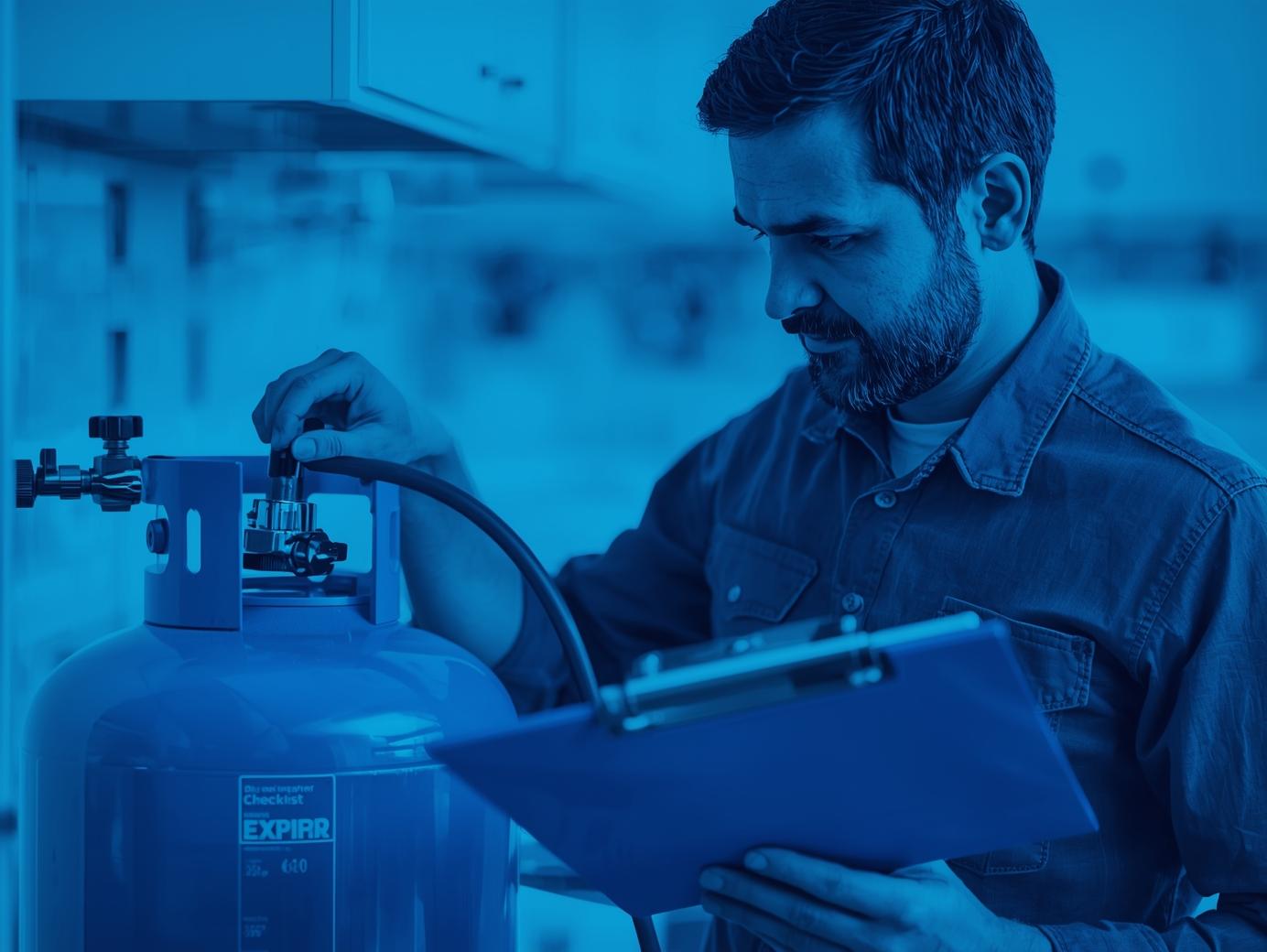 Technician or homeowner checking an LPG hose and regulator for wear and expiry date, with a safety checklist clipboard, bright daylight, kitchen or outdoor setting, blue tone, focus on inspection action